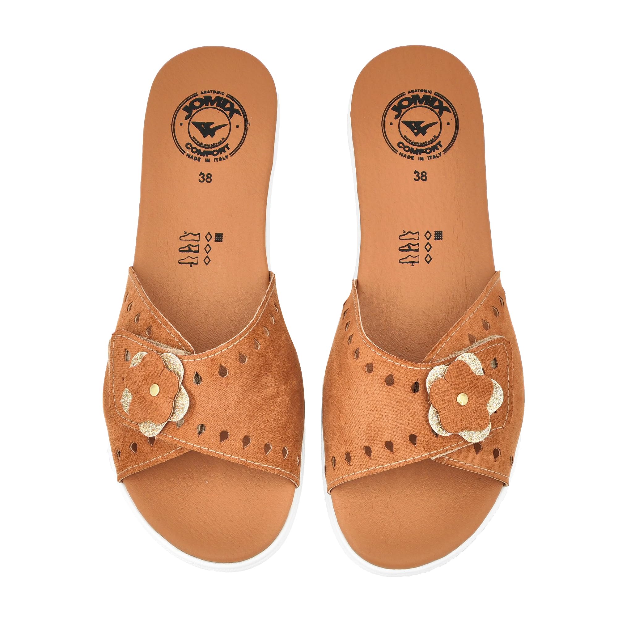 JOMIX Damen Pantoffeln mit Klettverschluss Leder Sandalen Sommer Plateau Pantoletten Keilabsatz Rutschfest Schlappen