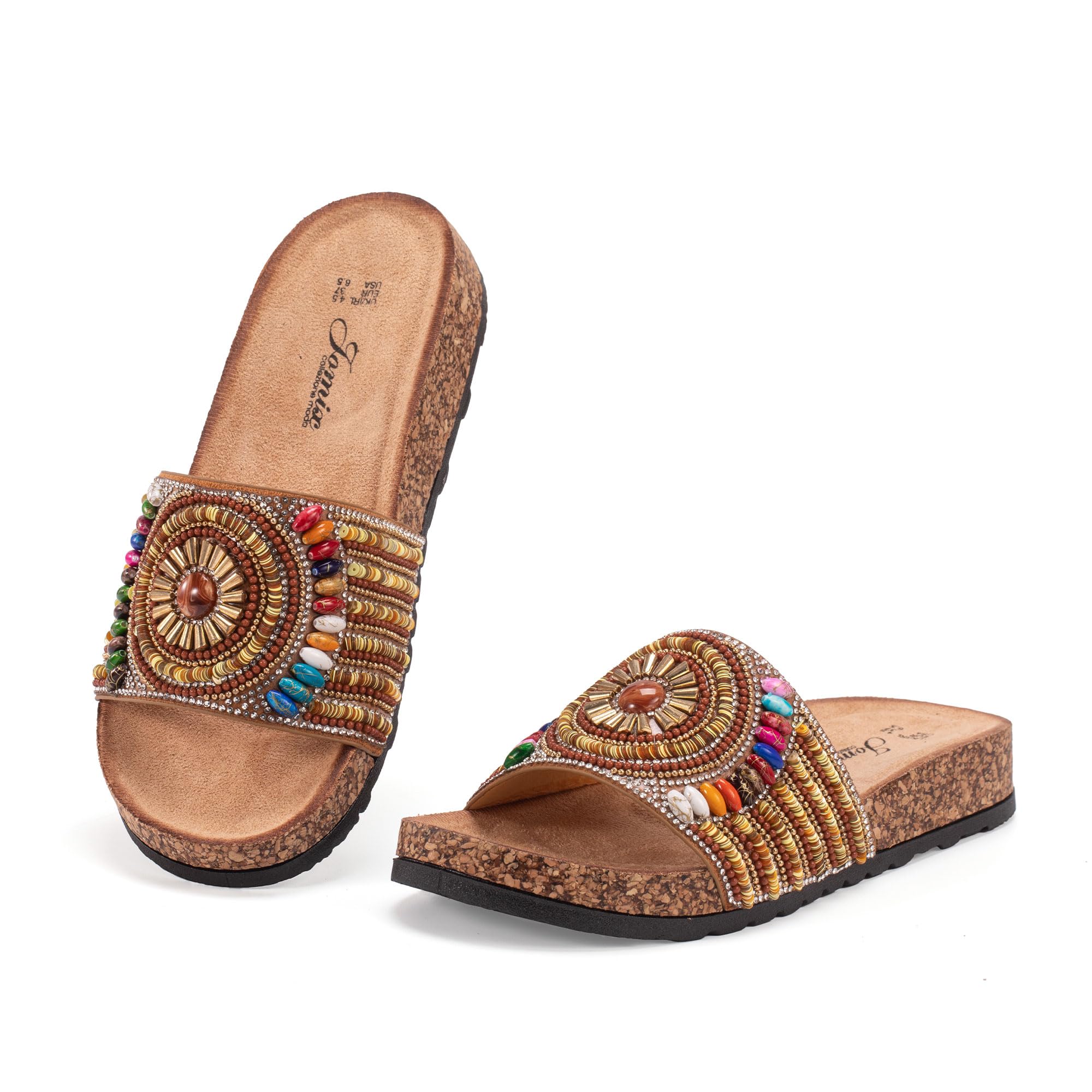 JOMIX Clogs Damen Bunte Pantoletten Sommer Sandalen mit Strass Perlen Strand Sandaletten Kork Sommerschuhe Bohemia Strandsandalen