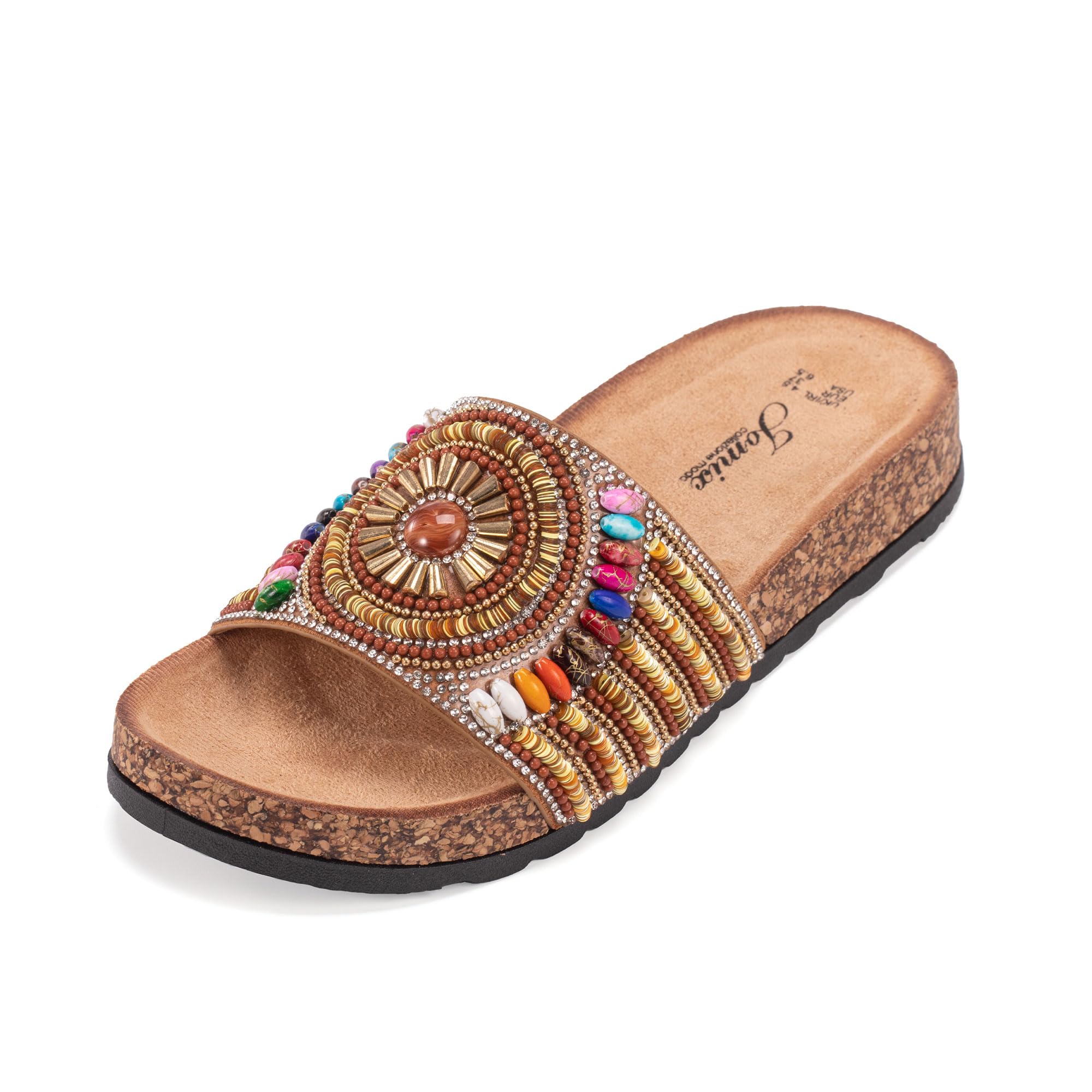 JOMIX Clogs Damen Bunte Pantoletten Sommer Sandalen mit Strass Perlen Strand Sandaletten Kork Sommerschuhe Bohemia Strandsandalen