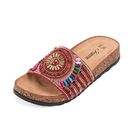 JOMIX Clogs Damen Bunte Pantoletten Sommer Sandalen mit Strass Perlen Strand Sandaletten Kork Sommerschuhe Bohemia Strandsandalen