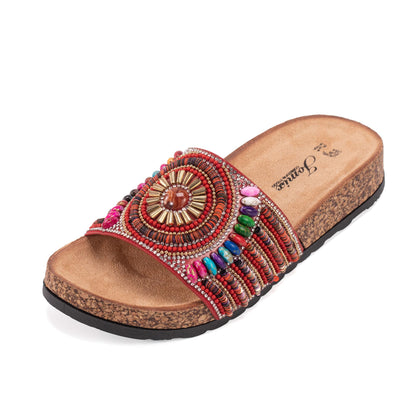 JOMIX Clogs Damen Bunte Pantoletten Sommer Sandalen mit Strass Perlen Strand Sandaletten Kork Sommerschuhe Bohemia Strandsandalen