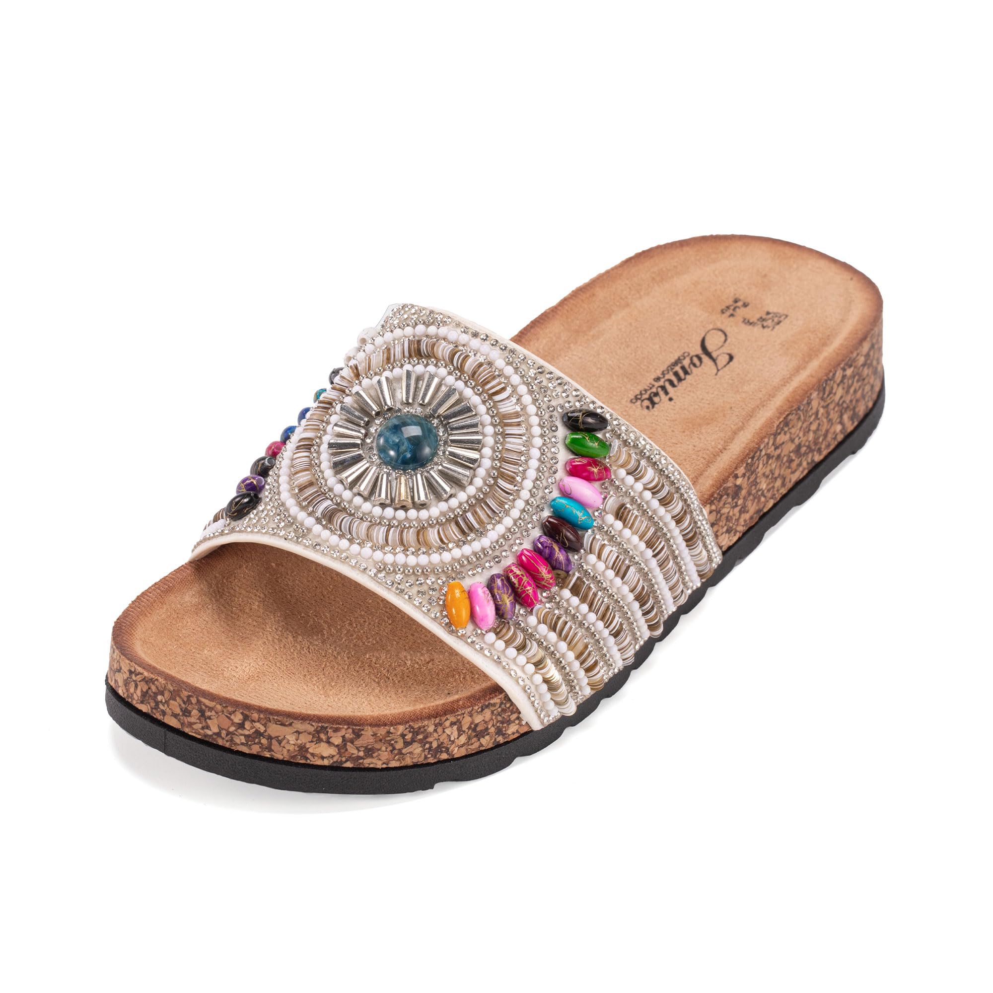 JOMIX Clogs Damen Bunte Pantoletten Sommer Sandalen mit Strass Perlen Strand Sandaletten Kork Sommerschuhe Bohemia Strandsandalen