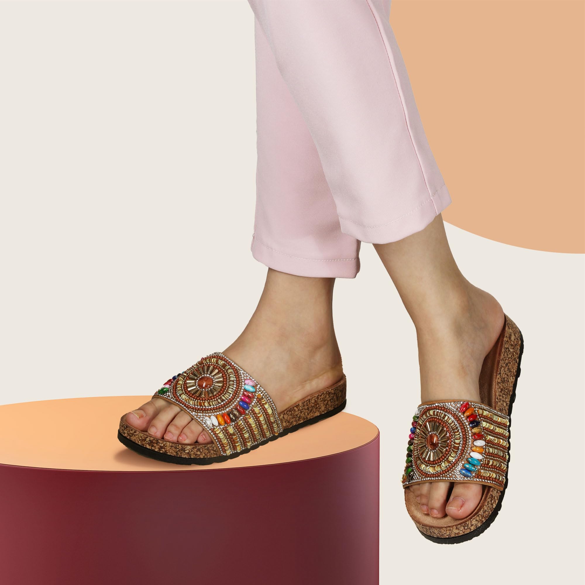 JOMIX Clogs Damen Bunte Pantoletten Sommer Sandalen mit Strass Perlen Strand Sandaletten Kork Sommerschuhe Bohemia Strandsandalen