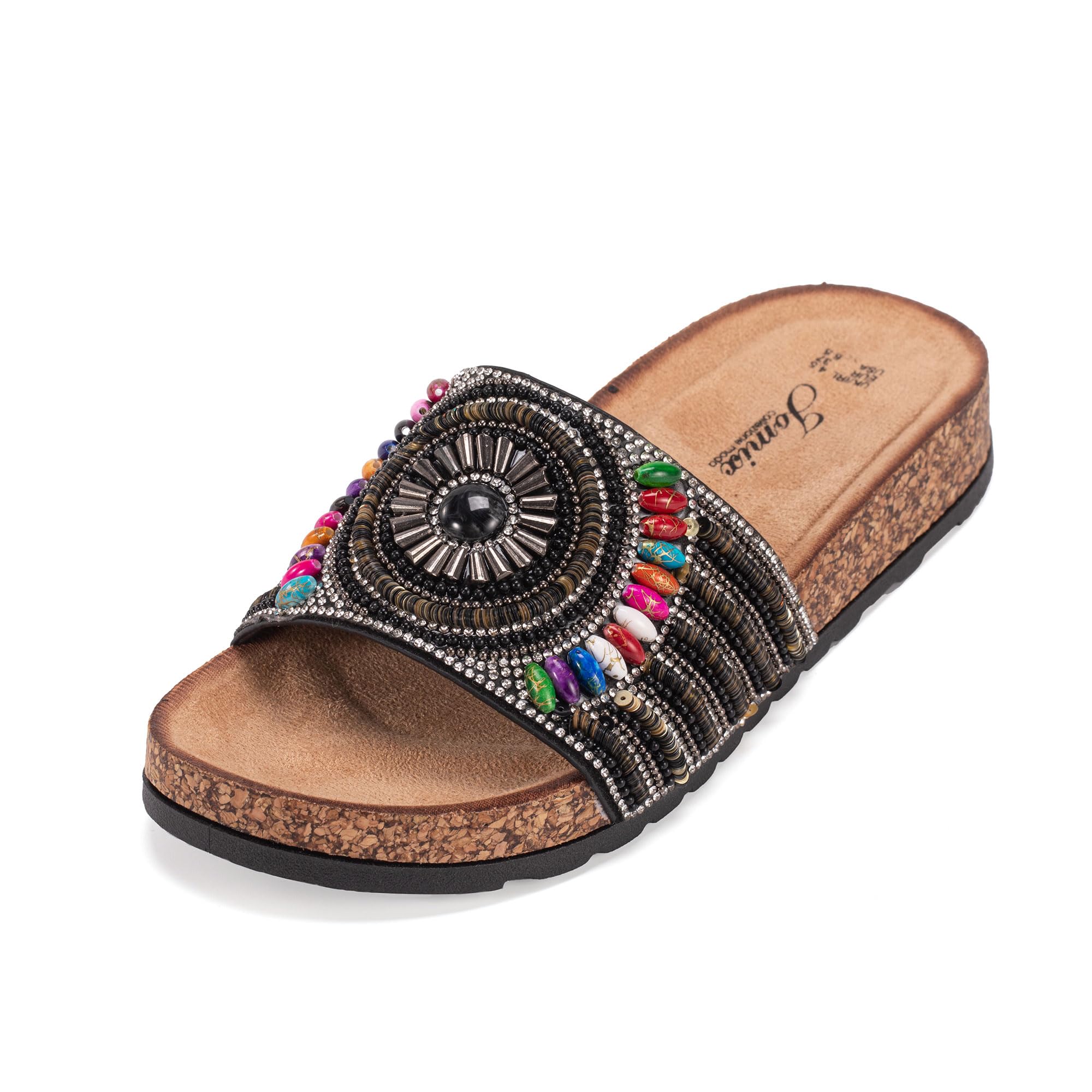 JOMIX Clogs Damen Bunte Pantoletten Sommer Sandalen mit Strass Perlen Strand Sandaletten Kork Sommerschuhe Bohemia Strandsandalen