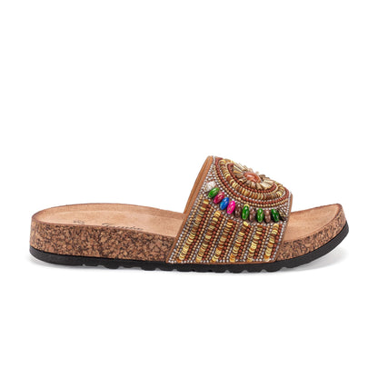 JOMIX Clogs Damen Bunte Pantoletten Sommer Sandalen mit Strass Perlen Strand Sandaletten Kork Sommerschuhe Bohemia Strandsandalen