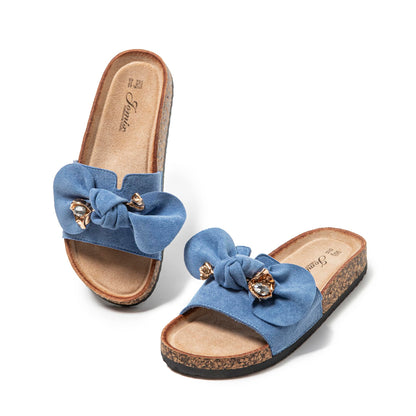 JOMIX Clogs Damen Pantoletten Sommer Sandalen mit Strass Fliege Strand Sandaletten Bequem Kork Strandsandalen Sommerschuhe