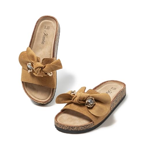 JOMIX Clogs Damen Pantoletten Sommer Sandalen mit Strass Fliege Strand Sandaletten Bequem Kork Strandsandalen Sommerschuhe