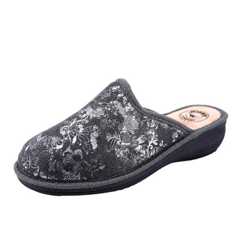 JOMIX Damen Hausschuhe Winter Bequem Geschlossen mit Keil Absatz Florales Glänzendes Muster Rutschfeste Sohle Warm Made in Italy