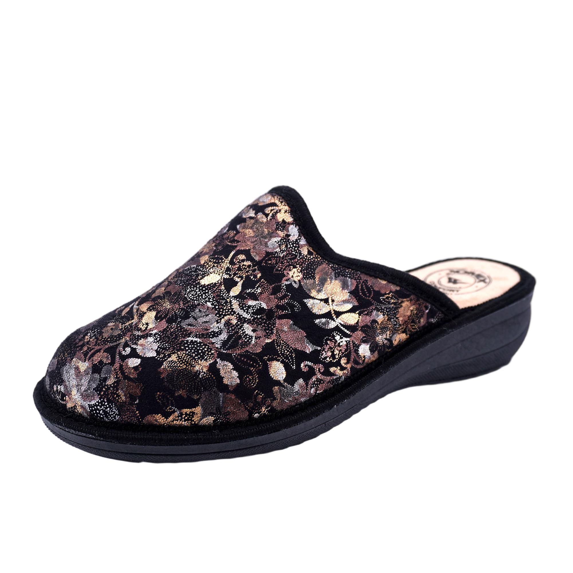 JOMIX Damen Hausschuhe Winter Bequem Geschlossen mit Keil Absatz Florales Glänzendes Muster Rutschfeste Sohle Warm Made in Italy