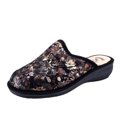 JOMIX Damen Hausschuhe Winter Bequem Geschlossen mit Keil Absatz Florales Glänzendes Muster Rutschfeste Sohle Warm Made in Italy