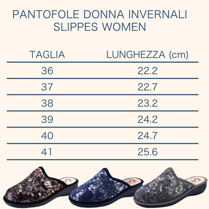 JOMIX Damen Hausschuhe Winter Bequem Geschlossen mit Keil Absatz Florales Glänzendes Muster Rutschfeste Sohle Warm Made in Italy