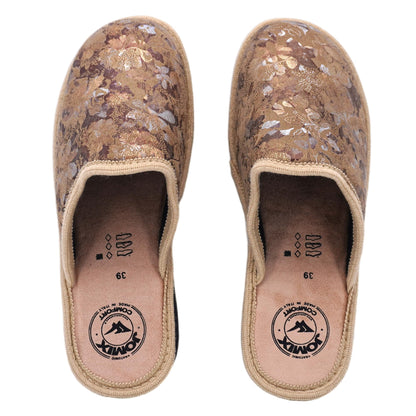 JOMIX Damen Hausschuhe Winter Bequem Geschlossen mit Keil Absatz Florales Glänzendes Muster Rutschfeste Sohle Warm Made in Italy