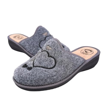 JOMIX Damen Hausschuhe Winter Bequeme Pantoffeln Niedriger Keilabsatz aus Filz mit Gestickten Herzen Warm Weich Rutschfest Made in Italy
