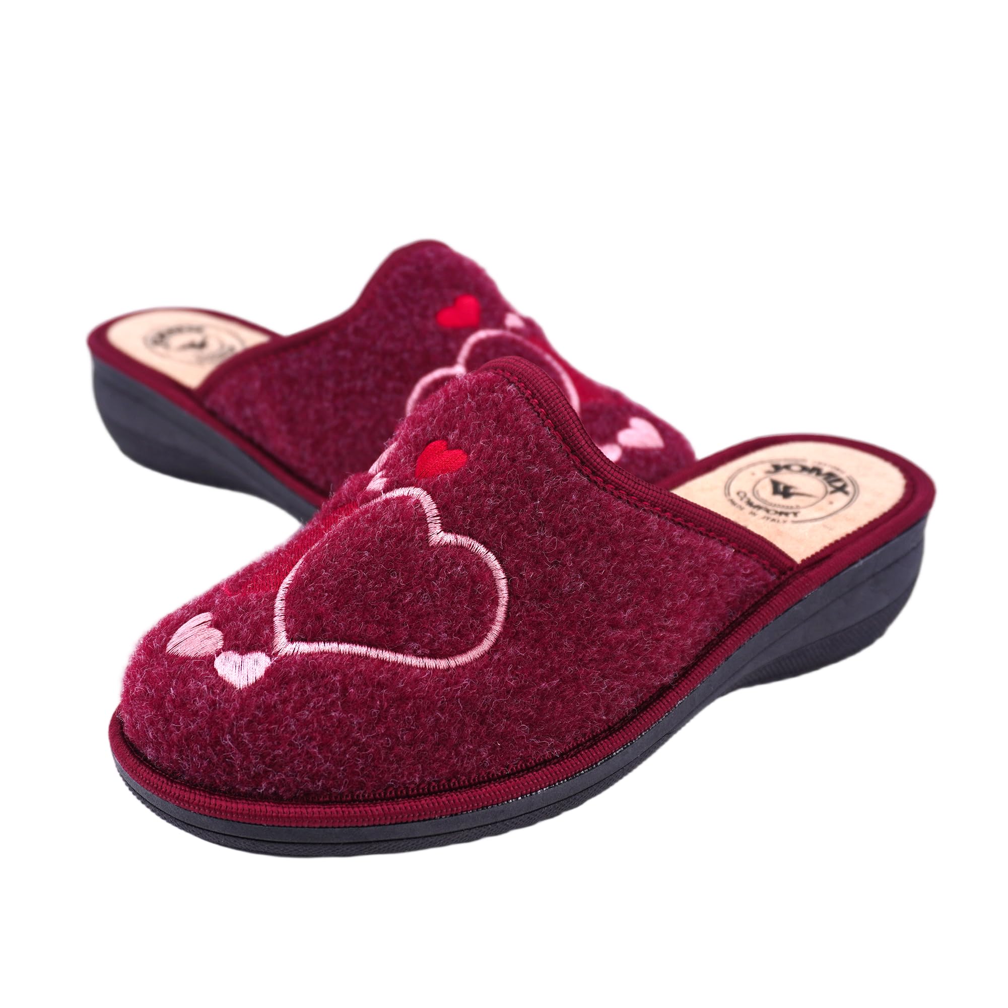 JOMIX Damen Hausschuhe Winter Bequeme Pantoffeln Niedriger Keilabsatz aus Filz mit Gestickten Herzen Warm Weich Rutschfest Made in Italy