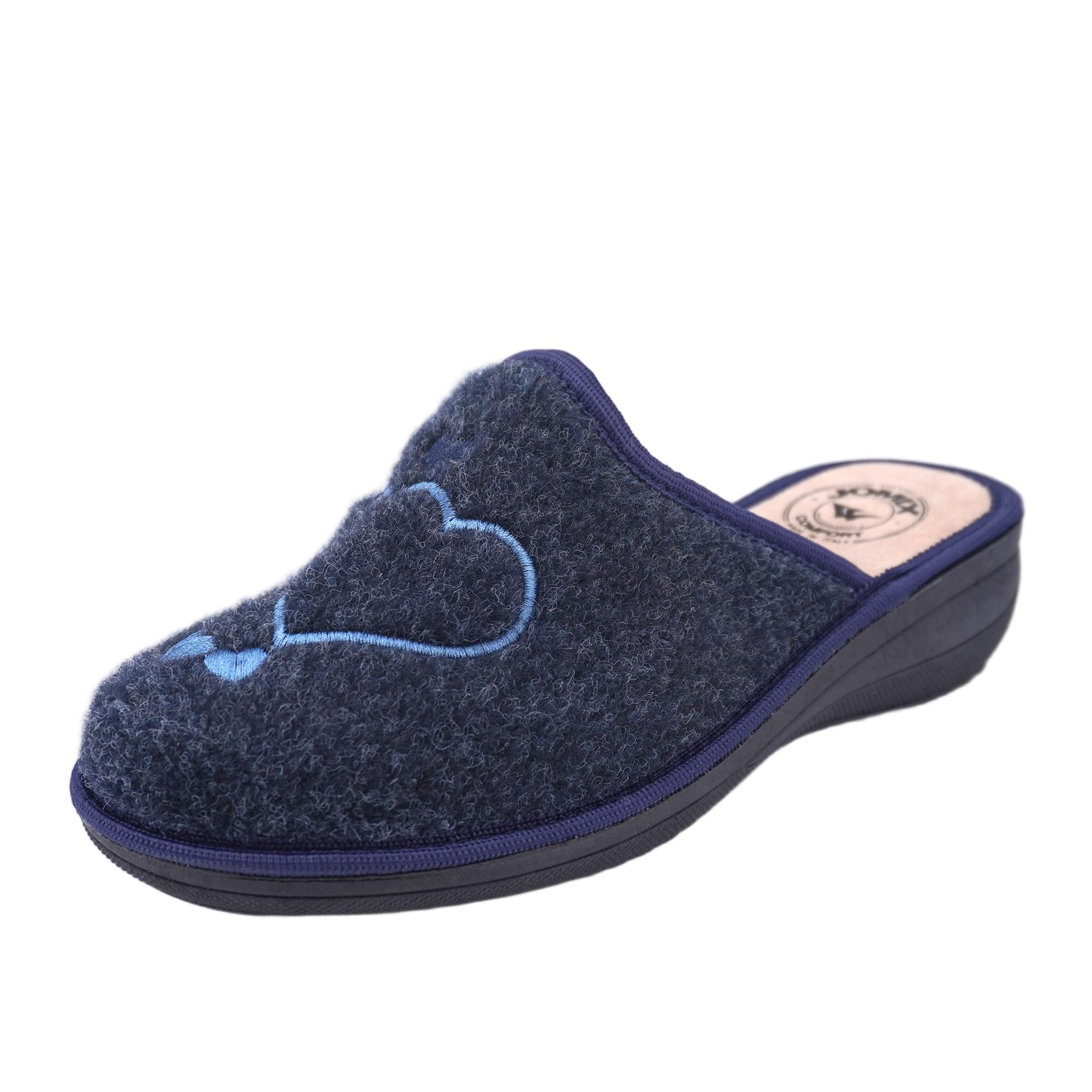 JOMIX Damen Hausschuhe Winter Bequeme Pantoffeln Niedriger Keilabsatz aus Filz mit Gestickten Herzen Warm Weich Rutschfest Made in Italy