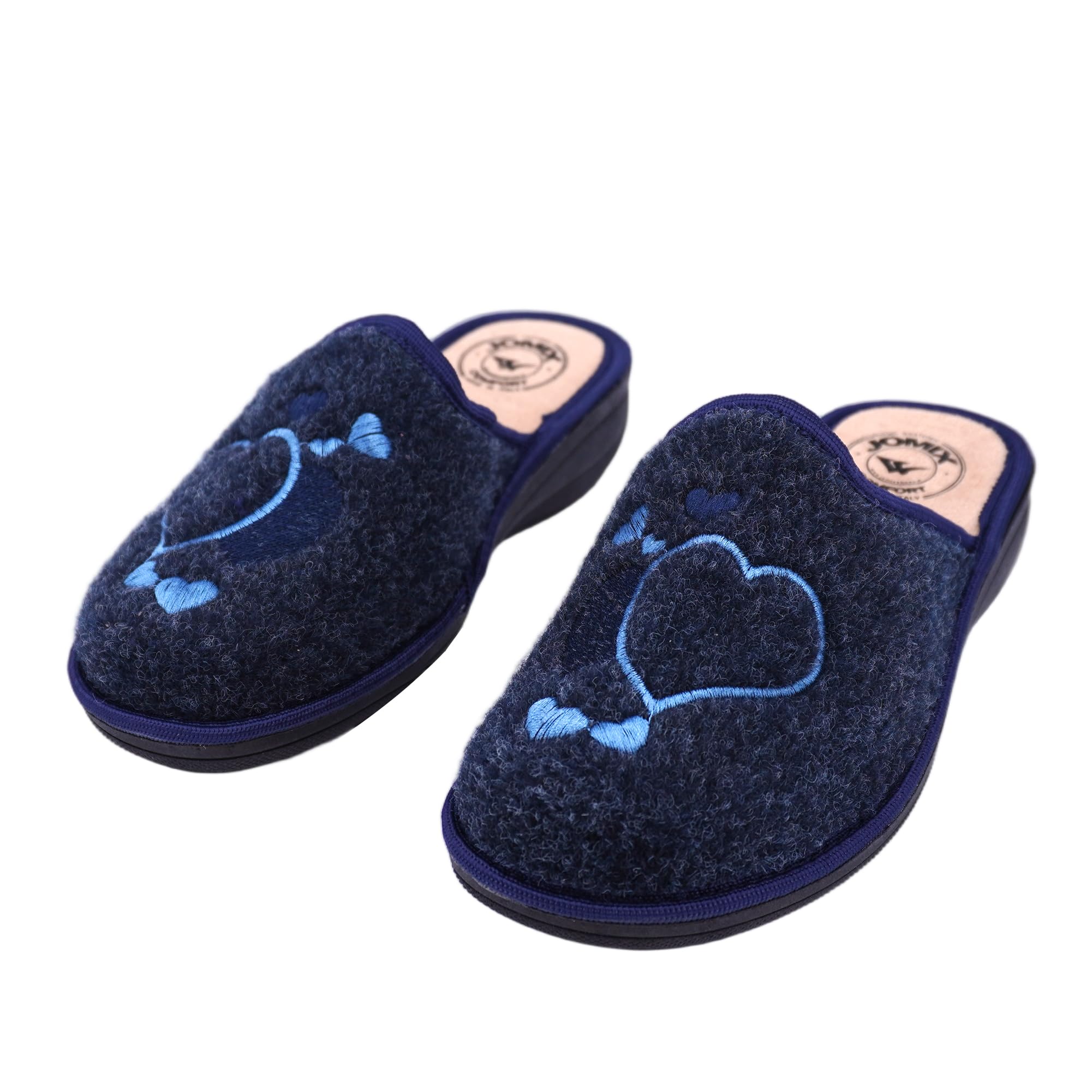 JOMIX Damen Hausschuhe Winter Bequeme Pantoffeln Niedriger Keilabsatz aus Filz mit Gestickten Herzen Warm Weich Rutschfest Made in Italy