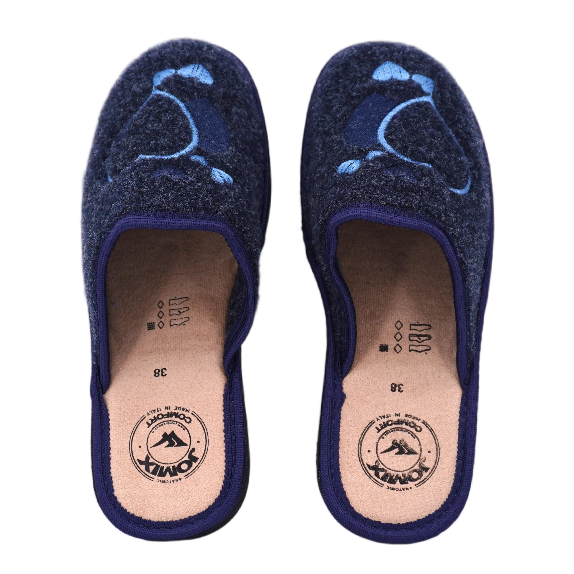 JOMIX Damen Hausschuhe Winter Bequeme Pantoffeln Niedriger Keilabsatz aus Filz mit Gestickten Herzen Warm Weich Rutschfest Made in Italy