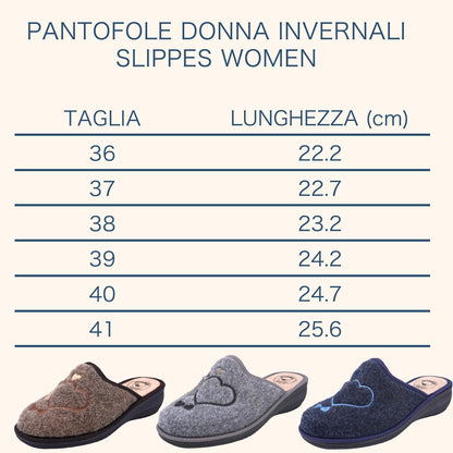 JOMIX Damen Hausschuhe Winter Bequeme Pantoffeln Niedriger Keilabsatz aus Filz mit Gestickten Herzen Warm Weich Rutschfest Made in Italy