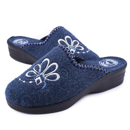 JOMIX Damen Hausschuhe Winter Made in Italy Bequem Weich mit Niedrigem Keil Blumenstickerei Elegant für Zuhause