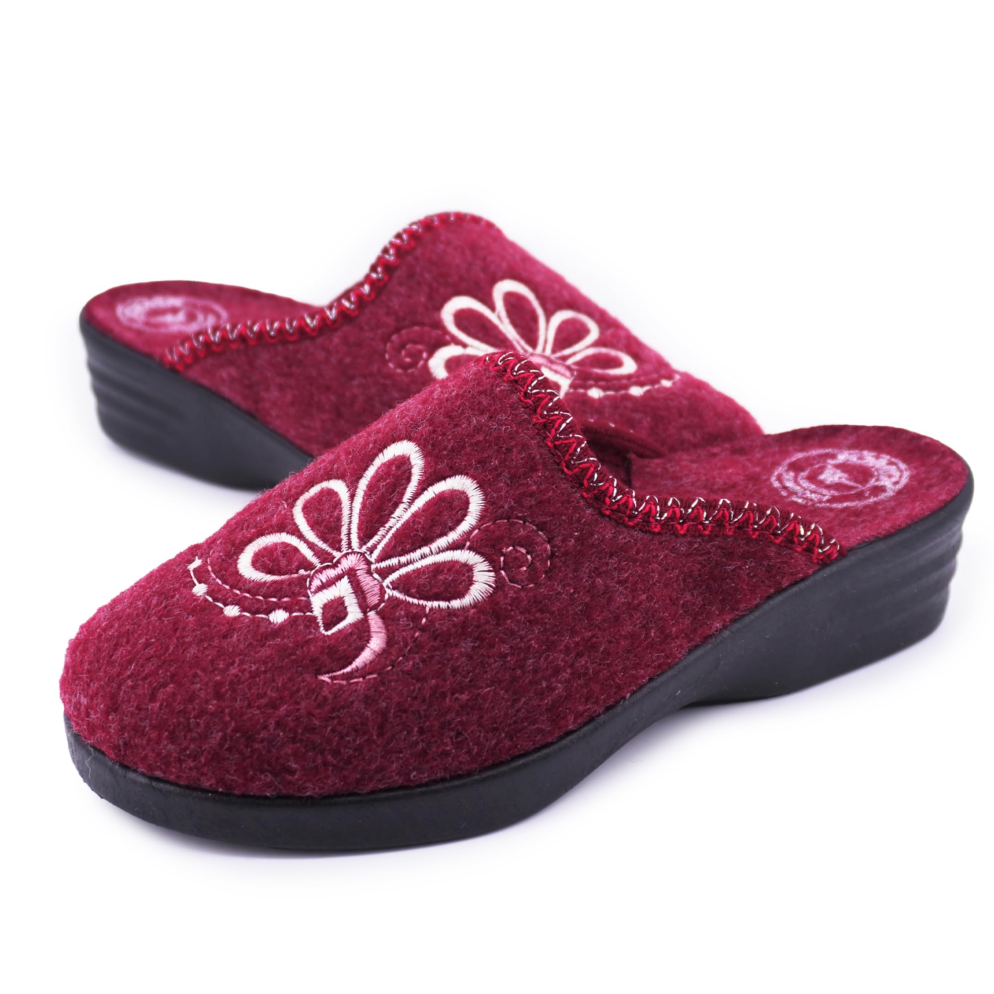 JOMIX Damen Hausschuhe Winter Made in Italy Bequem Weich mit Niedrigem Keil Blumenstickerei Elegant für Zuhause