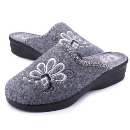 JOMIX Damen Hausschuhe Winter Made in Italy Bequem Weich mit Niedrigem Keil Blumenstickerei Elegant für Zuhause