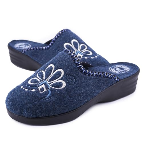JOMIX Damen Hausschuhe Winter Made in Italy Bequem Weich mit Niedrigem Keil Blumenstickerei Elegant für Zuhause