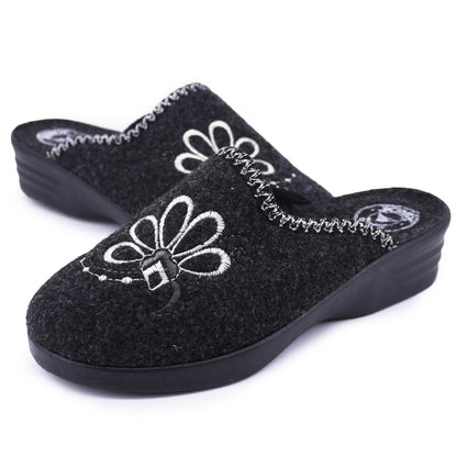 JOMIX Damen Hausschuhe Winter Made in Italy Bequem Weich mit Niedrigem Keil Blumenstickerei Elegant für Zuhause