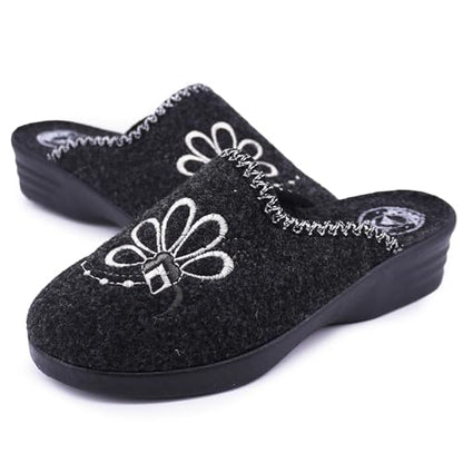 JOMIX Damen Hausschuhe Winter Made in Italy Bequem Weich mit Niedrigem Keil Blumenstickerei Elegant für Zuhause