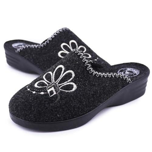JOMIX Damen Hausschuhe Winter Made in Italy Bequem Weich mit Niedrigem Keil Blumenstickerei Elegant für Zuhause