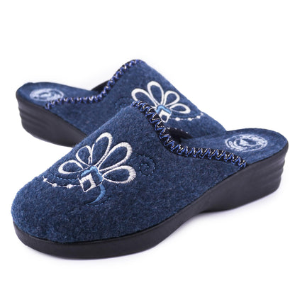 JOMIX Damen Hausschuhe Winter Made in Italy Bequem Weich mit Niedrigem Keil Blumenstickerei Elegant für Zuhause