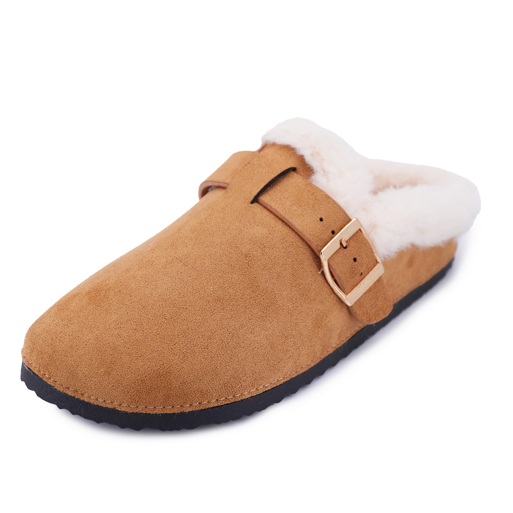 JOMIX Damen Hausschuhe Winter Warme Plüsch Gefüttert Pantoffeln Bequeme Flache Kunstwildleder Slippers mit Verstellbar Schnalle Indoor Outdoor