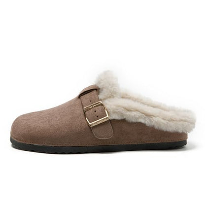 JOMIX Damen Hausschuhe Winter Warme Plüsch Gefüttert Pantoffeln Bequeme Flache Kunstwildleder Slippers mit Verstellbar Schnalle Indoor Outdoor