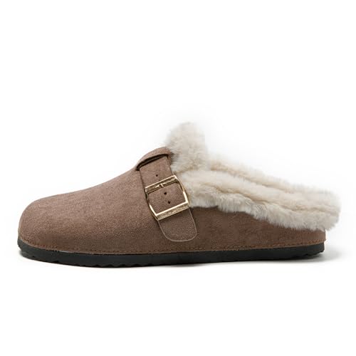 JOMIX Damen Hausschuhe Winter Warme Plüsch Gefüttert Pantoffeln Bequeme Flache Kunstwildleder Slippers mit Verstellbar Schnalle Indoor Outdoor