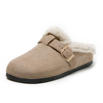 JOMIX Damen Hausschuhe Winter Warme Plüsch Gefüttert Pantoffeln Bequeme Flache Kunstwildleder Slippers mit Verstellbar Schnalle Indoor Outdoor