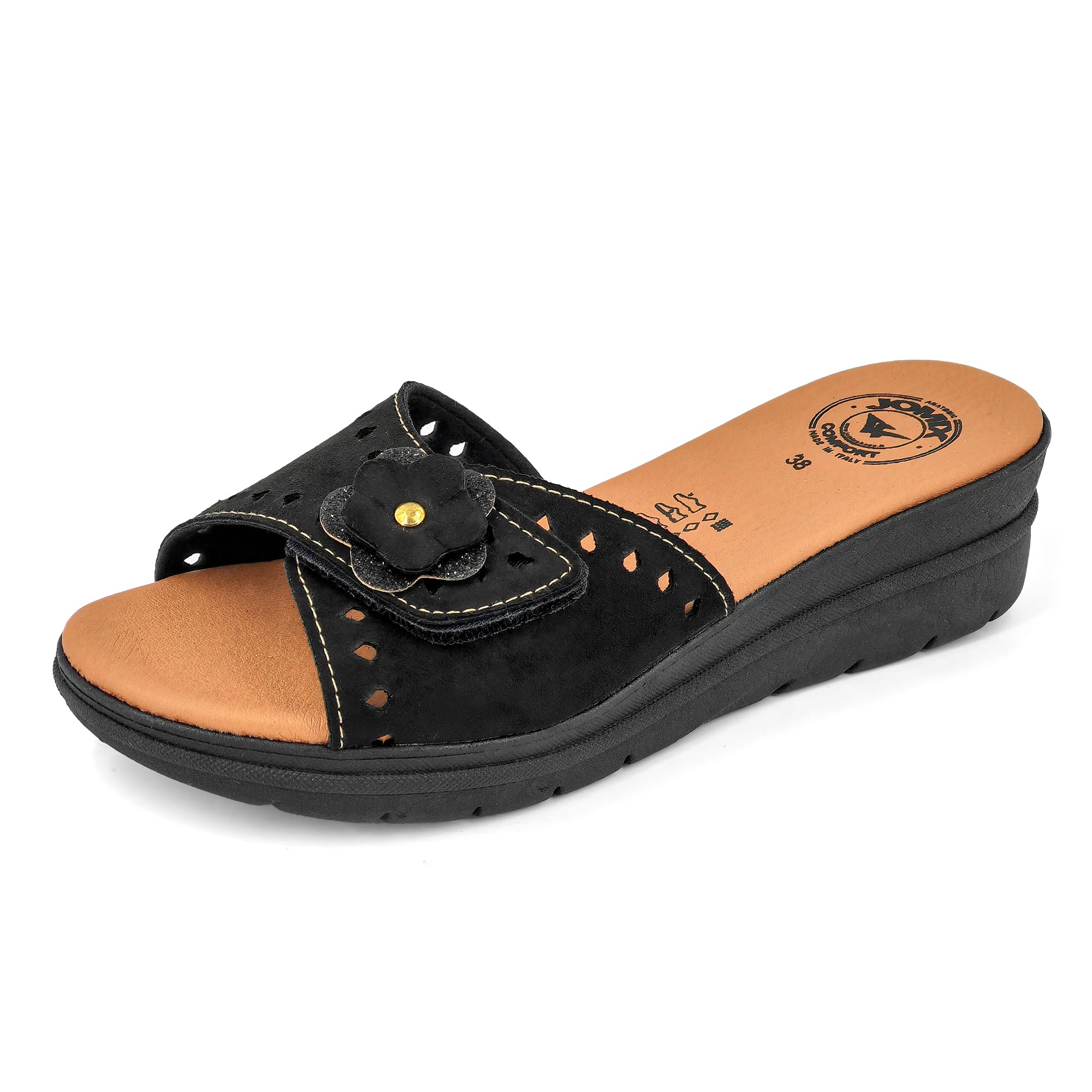 JOMIX Damen Pantoffeln mit Klettverschluss Leder Sandalen Sommer Plateau Pantoletten Keilabsatz Rutschfest Schlappen