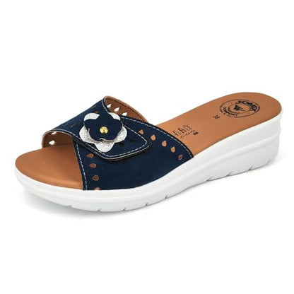 JOMIX Damen Pantoffeln mit Klettverschluss Leder Sandalen Sommer Plateau Pantoletten Keilabsatz Rutschfest Schlappen