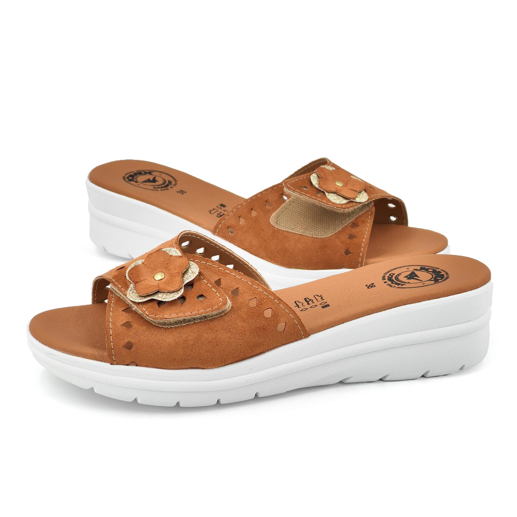 JOMIX Damen Pantoffeln mit Klettverschluss Leder Sandalen Sommer Plateau Pantoletten Keilabsatz Rutschfest Schlappen