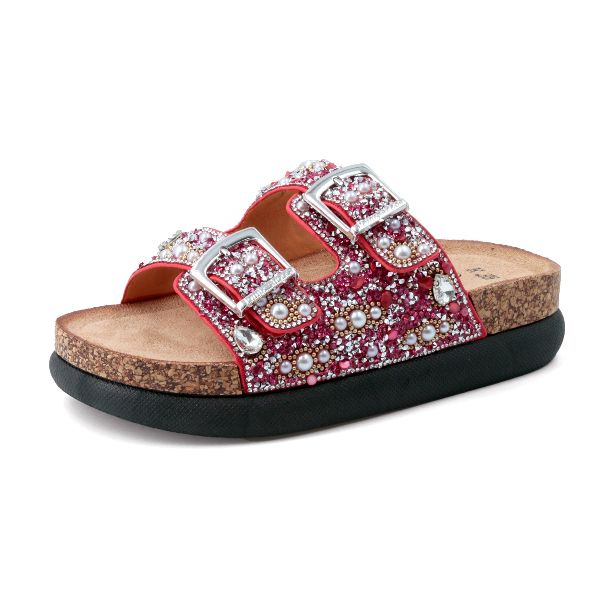 JOMIX Damen Pantoletten Glitzer Clogs mit Strassstein Plateau Bequeme Kork Bohemian Sandalen Strand Sommerschuhe mit Verstellbarer Schnalle