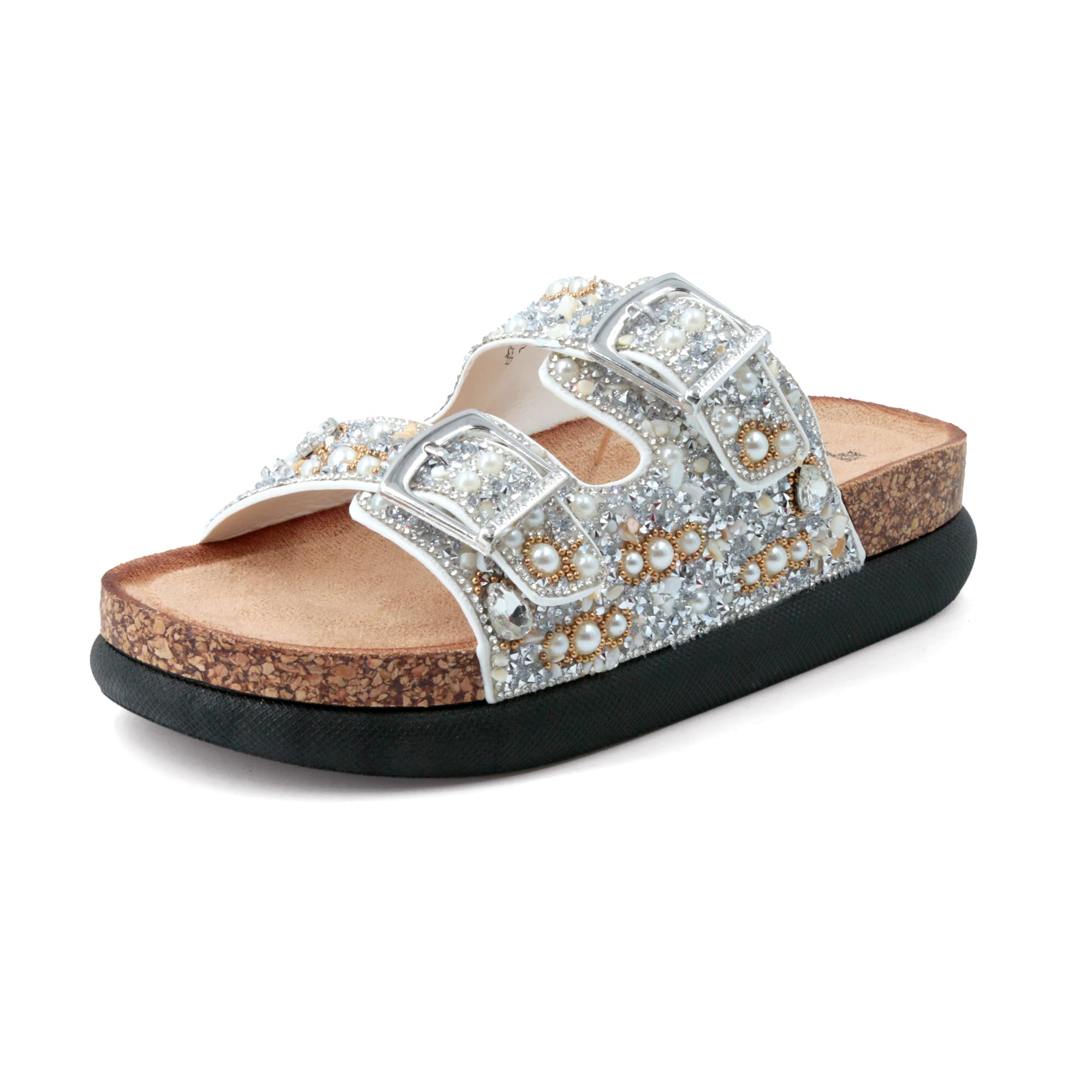 JOMIX Damen Pantoletten Glitzer Clogs mit Strassstein Plateau Bequeme Kork Bohemian Sandalen Strand Sommerschuhe mit Verstellbarer Schnalle