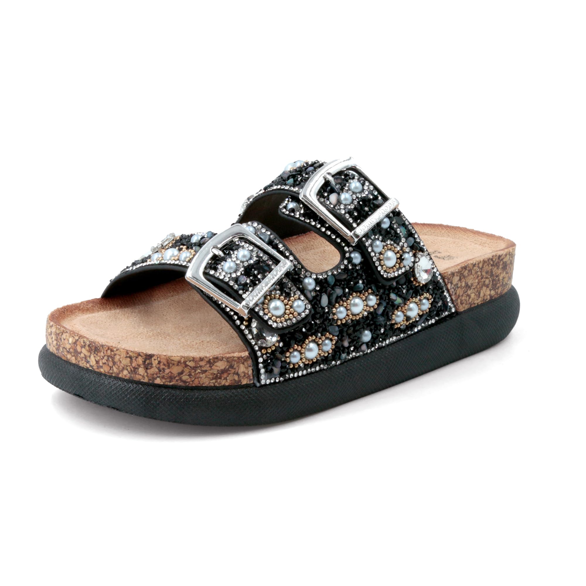 JOMIX Damen Pantoletten Glitzer Clogs mit Strassstein Plateau Bequeme Kork Bohemian Sandalen Strand Sommerschuhe mit Verstellbarer Schnalle