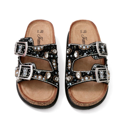 JOMIX Damen Pantoletten Glitzer Clogs mit Strassstein Plateau Bequeme Kork Bohemian Sandalen Strand Sommerschuhe mit Verstellbarer Schnalle