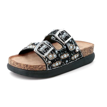 JOMIX Damen Pantoletten Glitzer Clogs mit Strassstein Plateau Bequeme Kork Bohemian Sandalen Strand Sommerschuhe mit Verstellbarer Schnalle