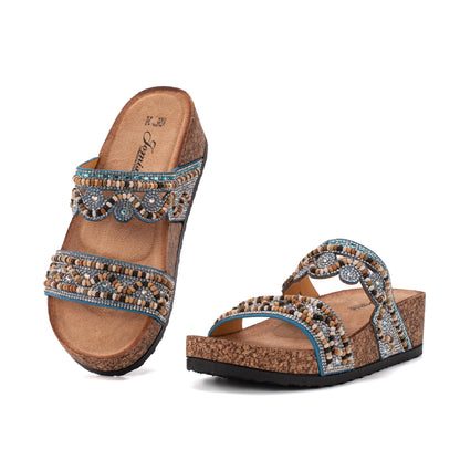 JOMIX Damen Pantoletten - Glitzer Sandalen Sommer Kork Strandsandalen Dicke Slides Sandaletten mit Strass Perlen Bequem Sommersandalen Strand Schuhe