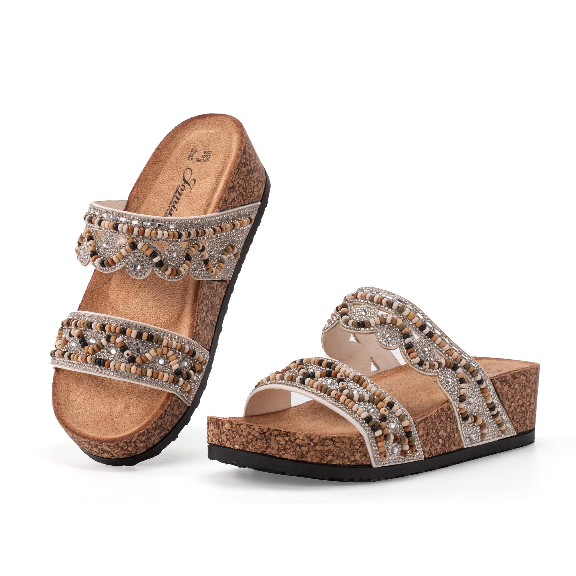 JOMIX Damen Pantoletten - Glitzer Sandalen Sommer Kork Strandsandalen Dicke Slides Sandaletten mit Strass Perlen Bequem Sommersandalen Strand Schuhe