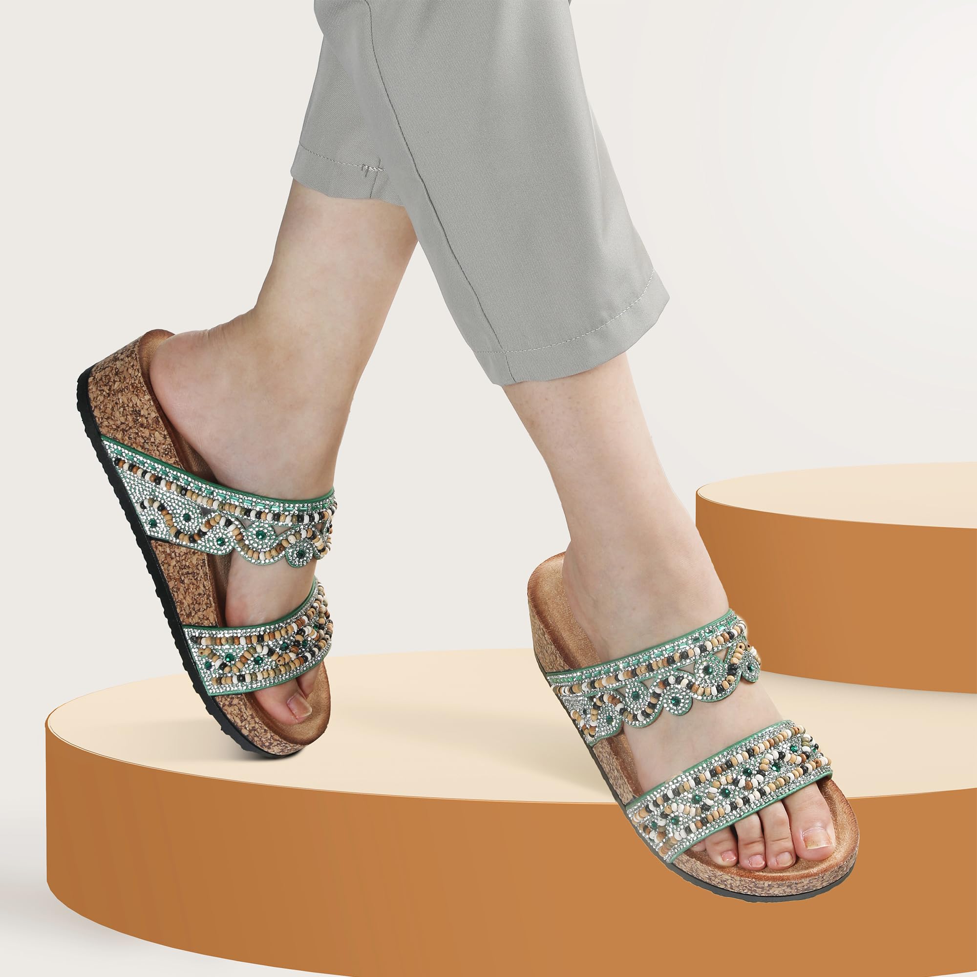 JOMIX Damen Pantoletten - Glitzer Sandalen Sommer Kork Strandsandalen Dicke Slides Sandaletten mit Strass Perlen Bequem Sommersandalen Strand Schuhe