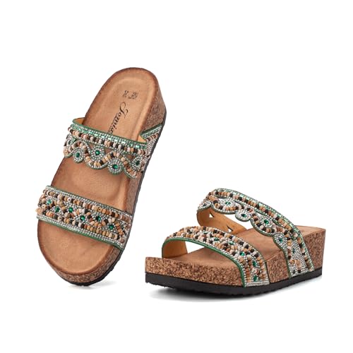 JOMIX Damen Pantoletten - Glitzer Sandalen Sommer Kork Strandsandalen Dicke Slides Sandaletten mit Strass Perlen Bequem Sommersandalen Strand Schuhe