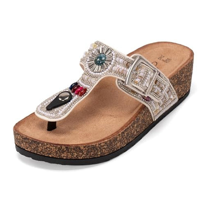 JOMIX Damen Pantoletten Sandalen Sommer Glitzer Clogs Kork Flip Flops mit Strasssteine Verstellbare Schnalle Bohemian Sandaletten Bequeme Strand Meer Sommerschuhe