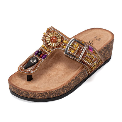 JOMIX Damen Pantoletten Sandalen Sommer Glitzer Clogs Kork Flip Flops mit Strasssteine Verstellbare Schnalle Bohemian Sandaletten Bequeme Strand Meer Sommerschuhe