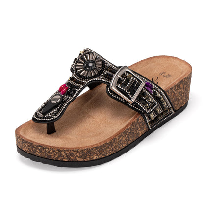 JOMIX Damen Pantoletten Sandalen Sommer Glitzer Clogs Kork Flip Flops mit Strasssteine Verstellbare Schnalle Bohemian Sandaletten Bequeme Strand Meer Sommerschuhe