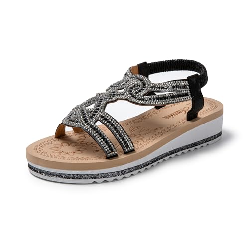 JOMIX Damen Sandalen Glitzer Bohemian Sandals mit Strass Bunte Strandschuhe Sommer Römersandalette